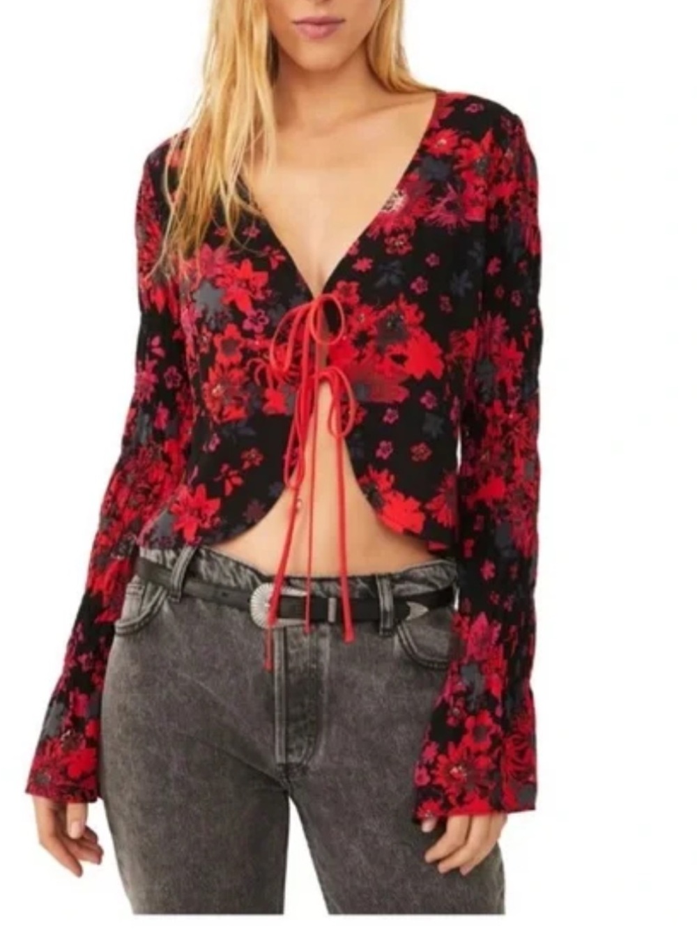 Y2K Free People Venice Red Floral Tie Front Top Bell Sleeve Fairy Oversized XS